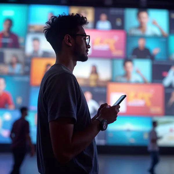 Mann mit Smartphone steht vor großer Wand mit vielen digitalen Porträts.